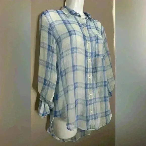 Abercrombie and Fitch Blue and White Plaid Sheer Women's Top (289) - Picture 3 of 12
